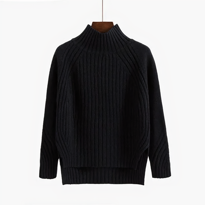 Black wide rib mock neck sweater on a hanger, standing mock collar