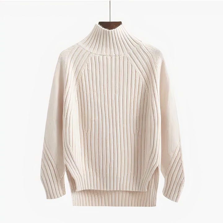 Cream wide rib mock neck sweater on a hanger, front view