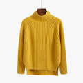 Yellow wide rib mock neck sweater on a hanger with raglan sleeves