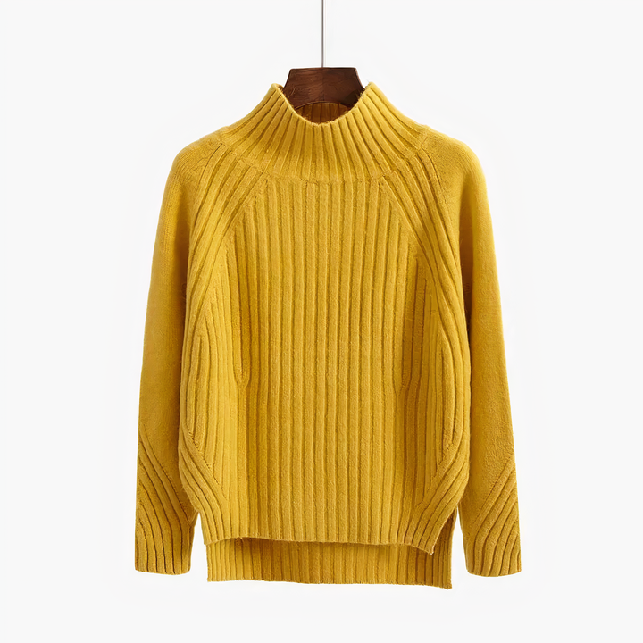 Yellow wide rib mock neck sweater on a hanger with raglan sleeves