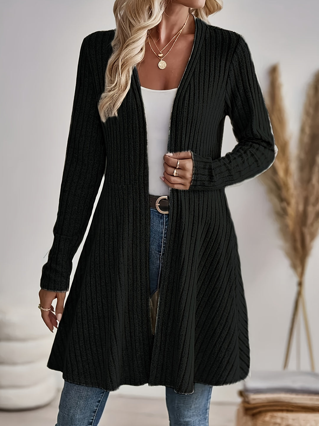 Ribbed Open Front Cardigan in Black | Valenira