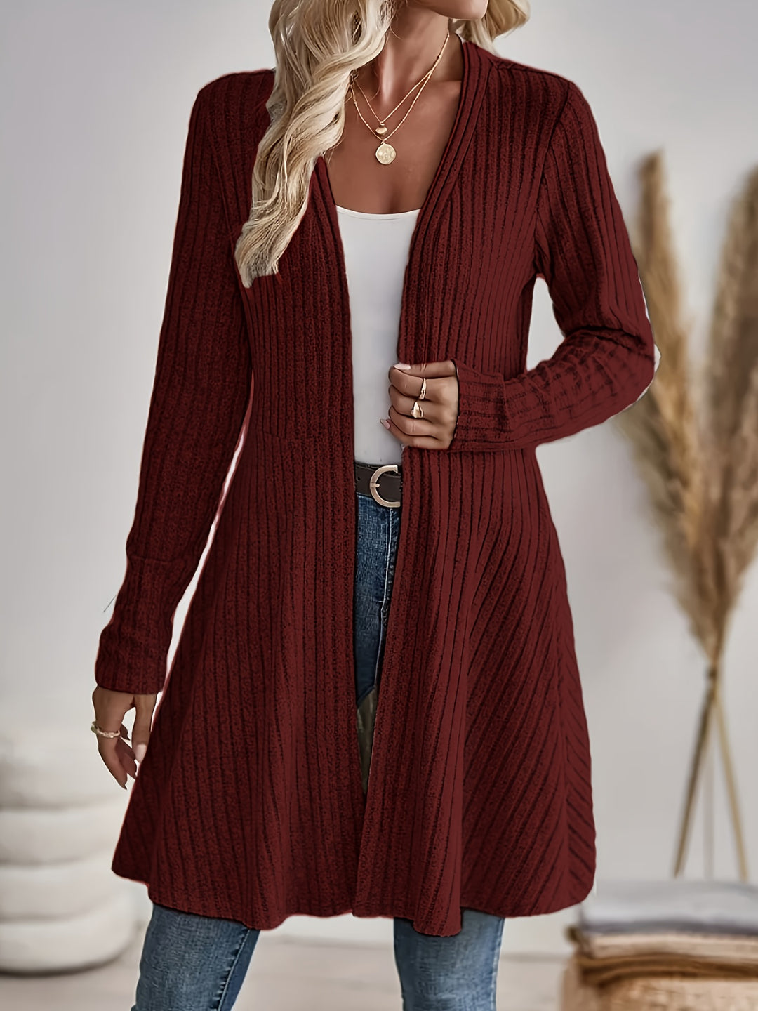 Ribbed Open Front Cardigan in Burgundy | Valenira