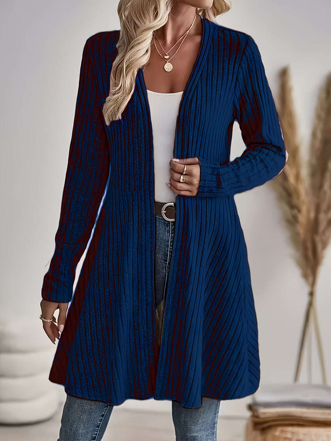 Ribbed Open Front Cardigan in Navy | Valenira