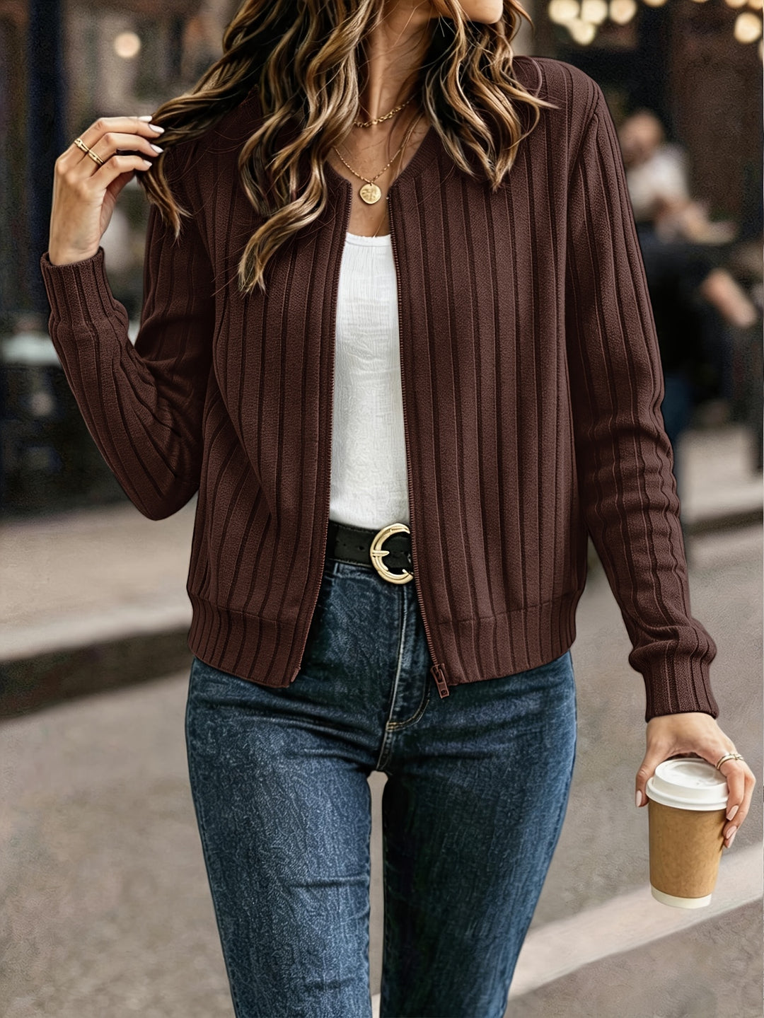 Ribbed Zip Front Jacket in Brown | Valenira