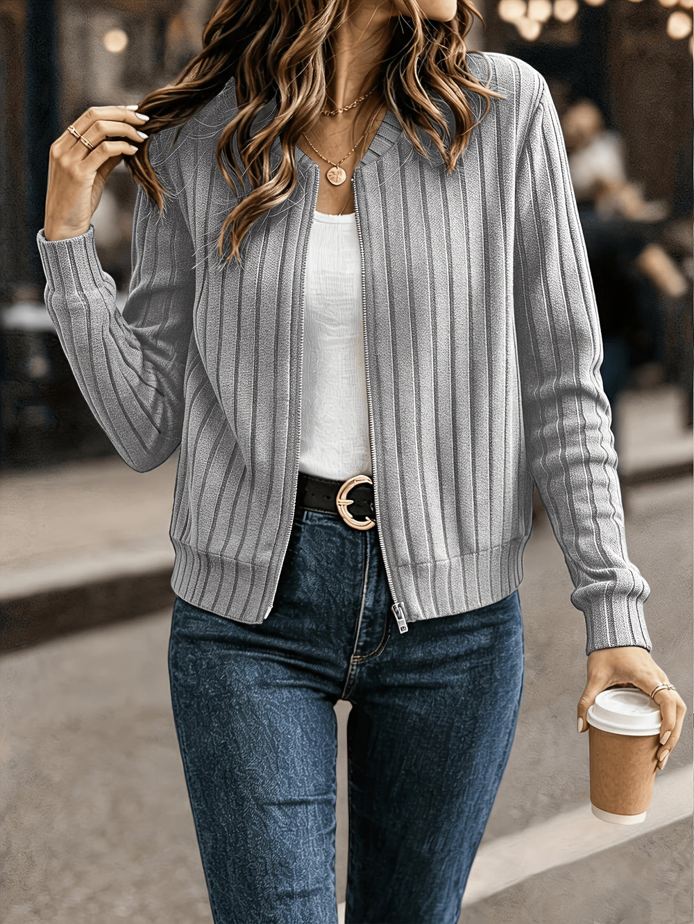 Ribbed Zip Front Jacket in Gray | Valenira