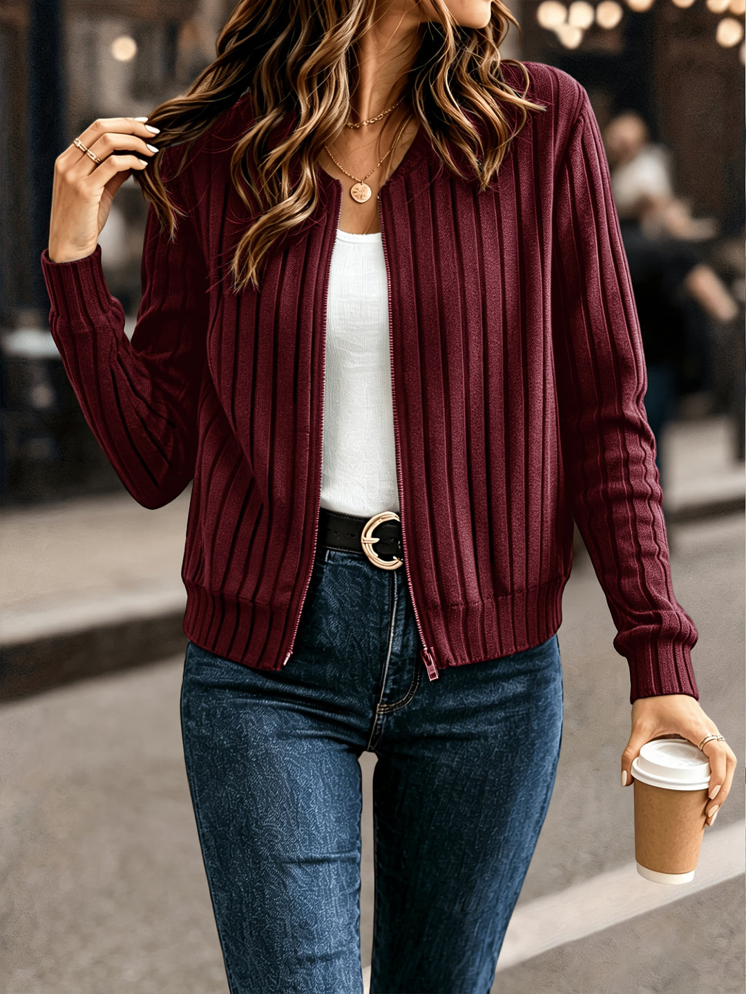 Ribbed Zip Front Jacket in Red | Valenira