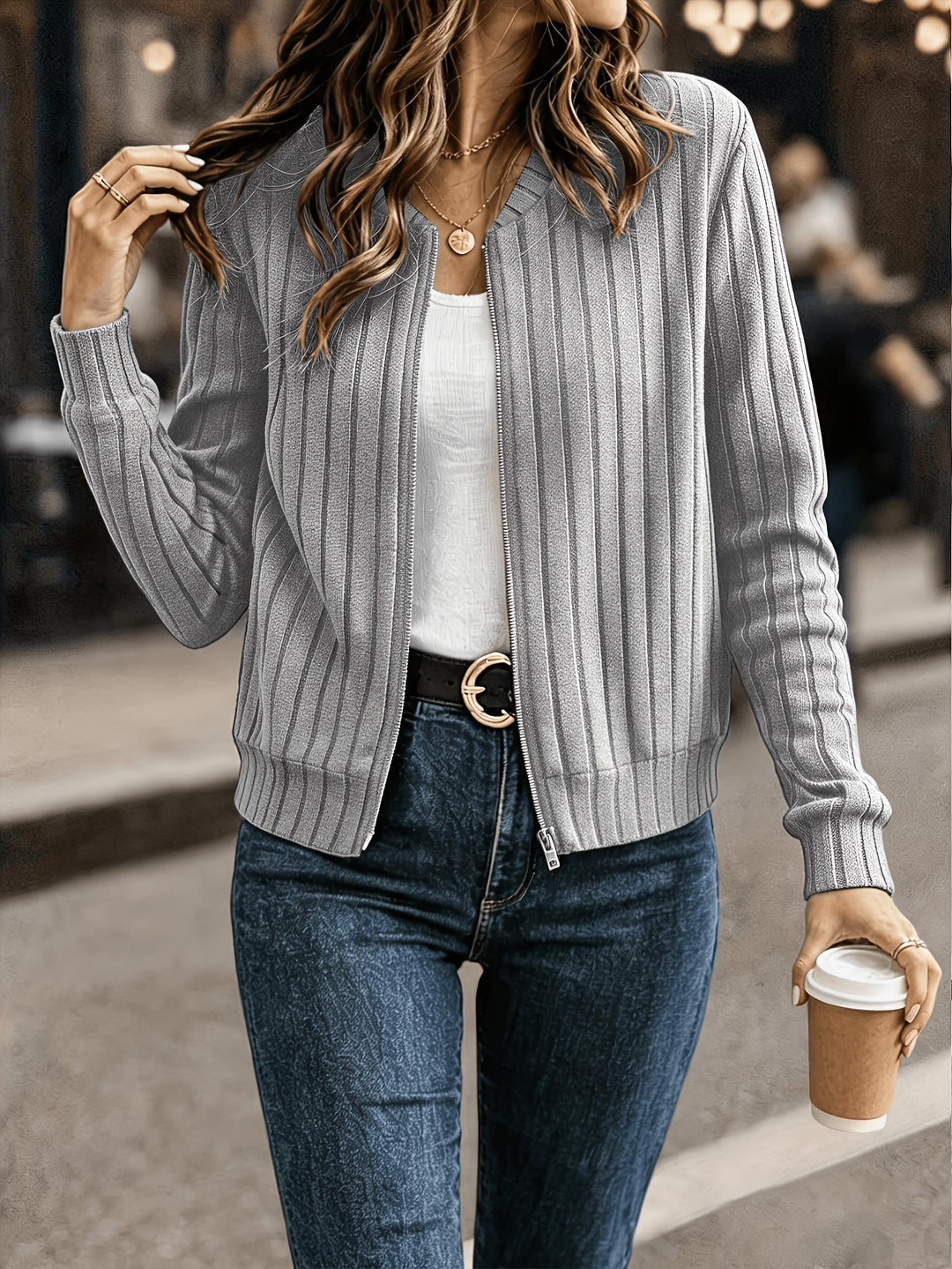 Ribbed Zip Front Jacket in Gray | Valenira