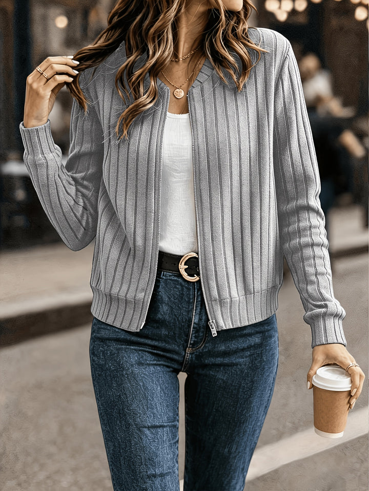 Ribbed Zip Front Jacket in Gray | Valenira