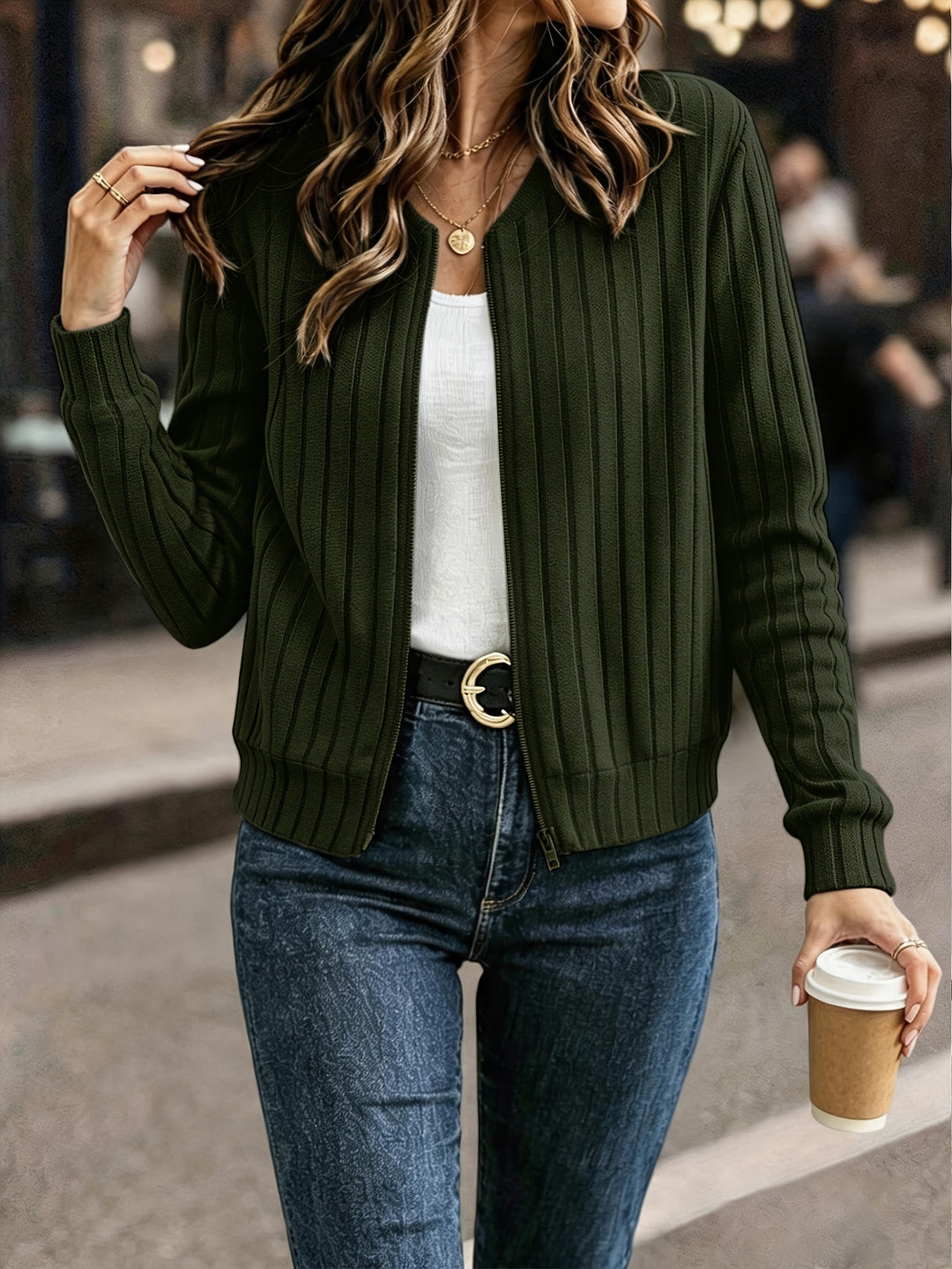 Ribbed Zip Front Jacket in Green | Valenira
