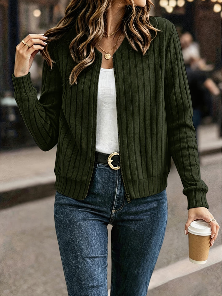 Ribbed Zip Front Jacket in Green | Valenira