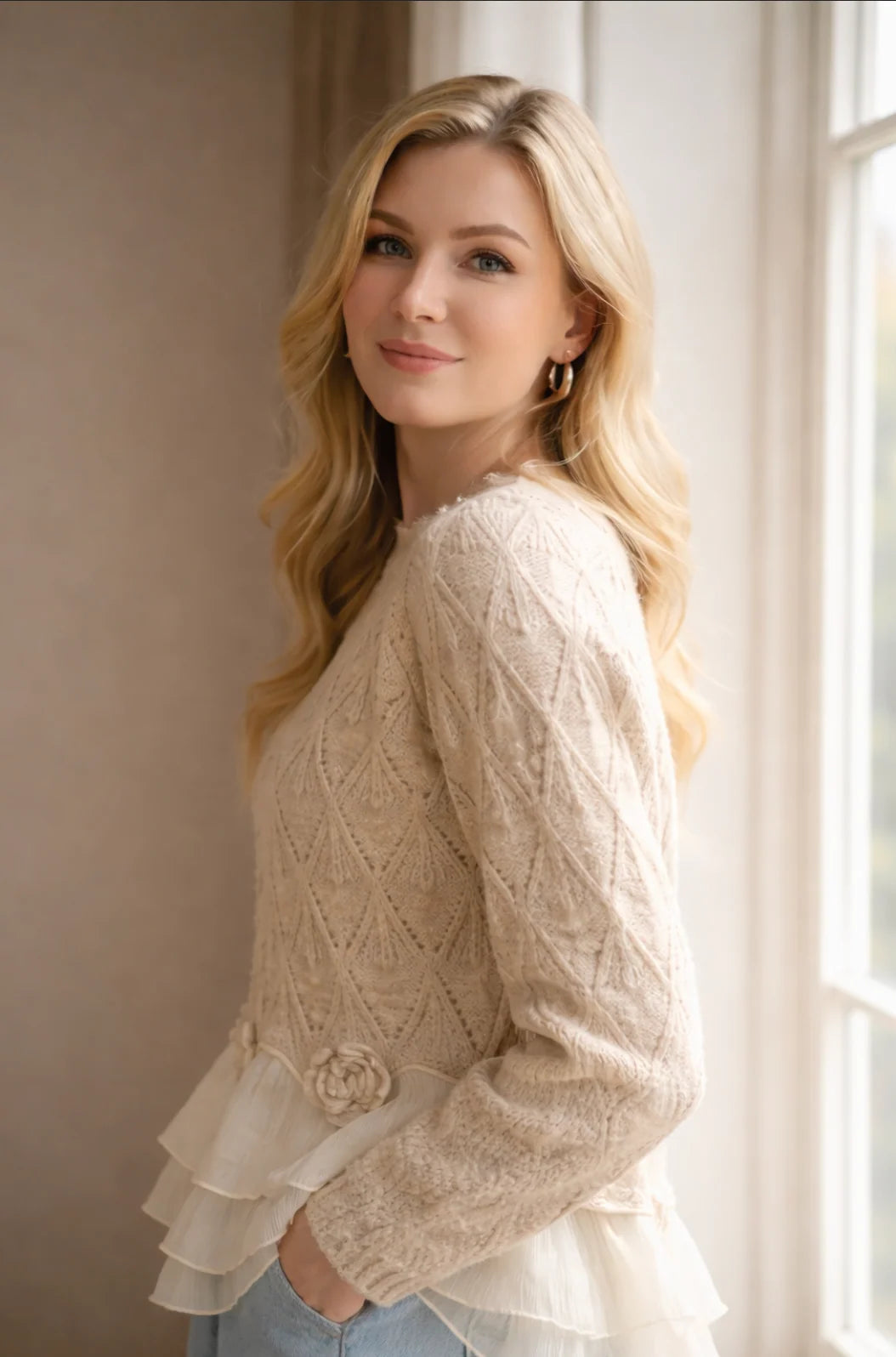 Oatmeal ruffle hem sweater, three-quarter view with wide jeans