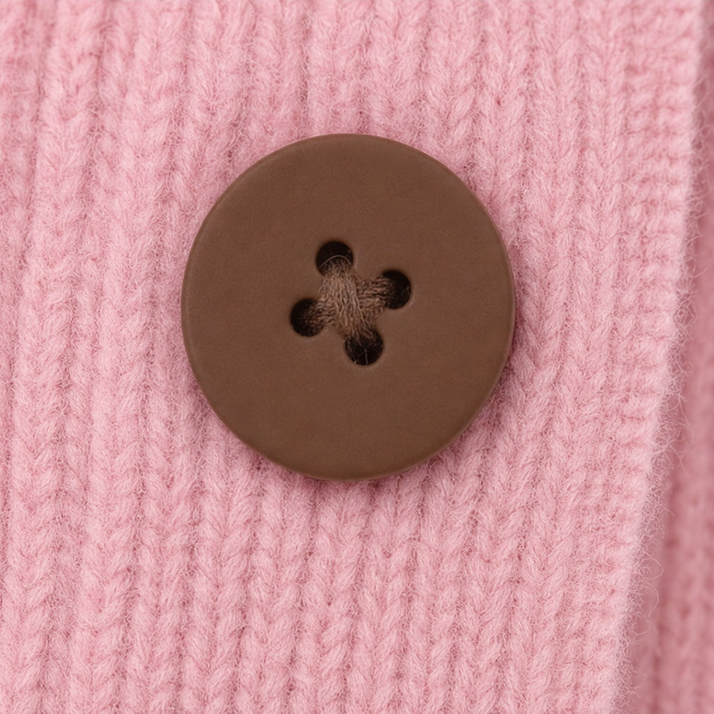 Close-up of a brown four-hole button on the pink ribbed knit of a cardigan