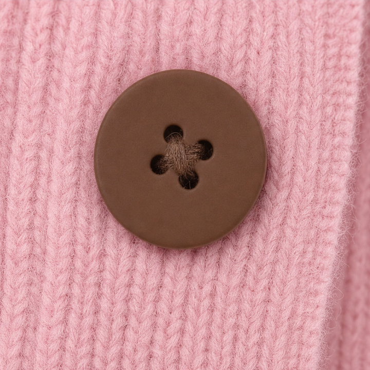 Close-up of a brown four-hole button on the pink ribbed knit of a cardigan