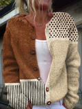 Colour block knit cardigan in rust and cream with polka dot and stripe panels