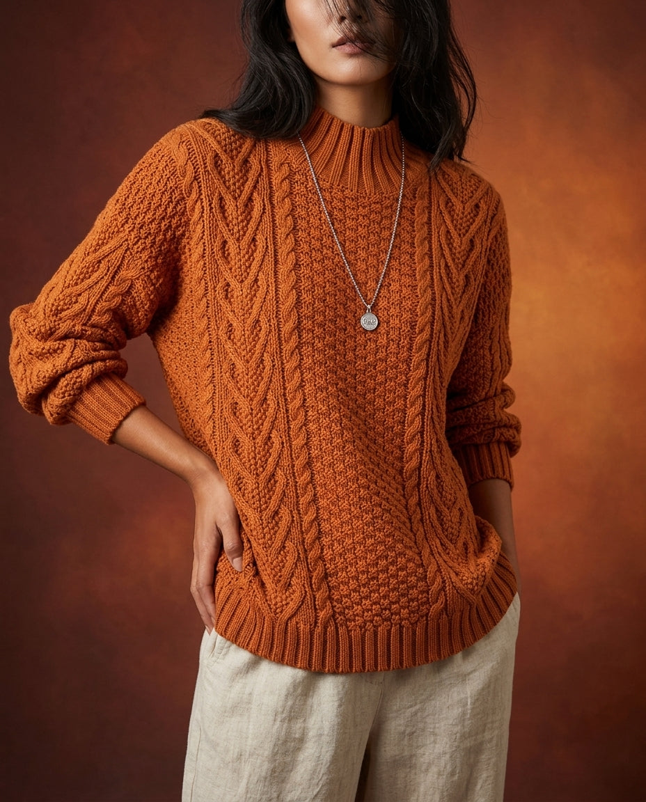 Rust cable knit sweater with a ribbed mock neck, front view