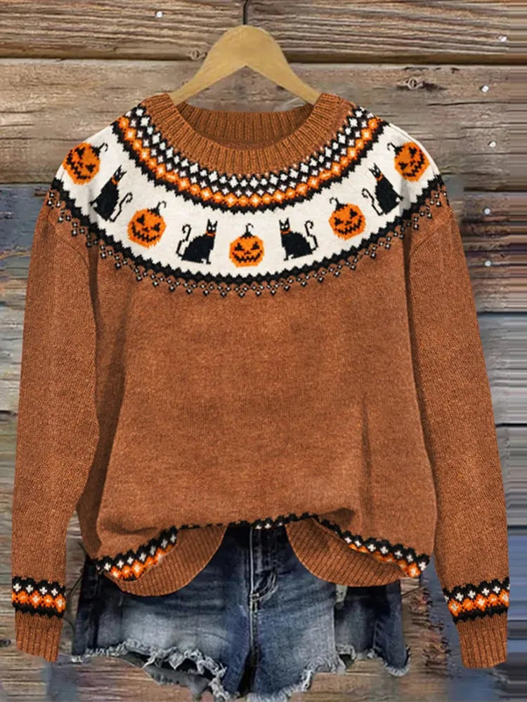 Rust orange knit sweater with a pumpkin and black cat fair isle yoke on a hanger