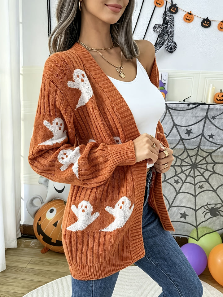 Rust orange loose knit cardigan with white ghost motifs, open front