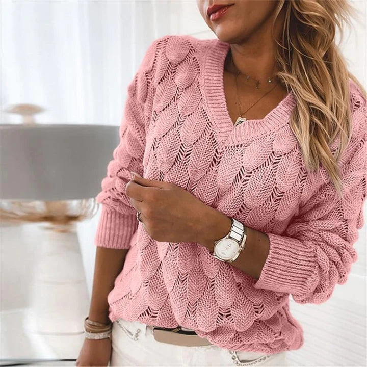 Pink scalloped pointelle knit V-neck sweater with scalloped hem, front view