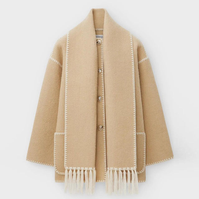 Fringed Scarf Wrap Coat in Light Gray | Valenira