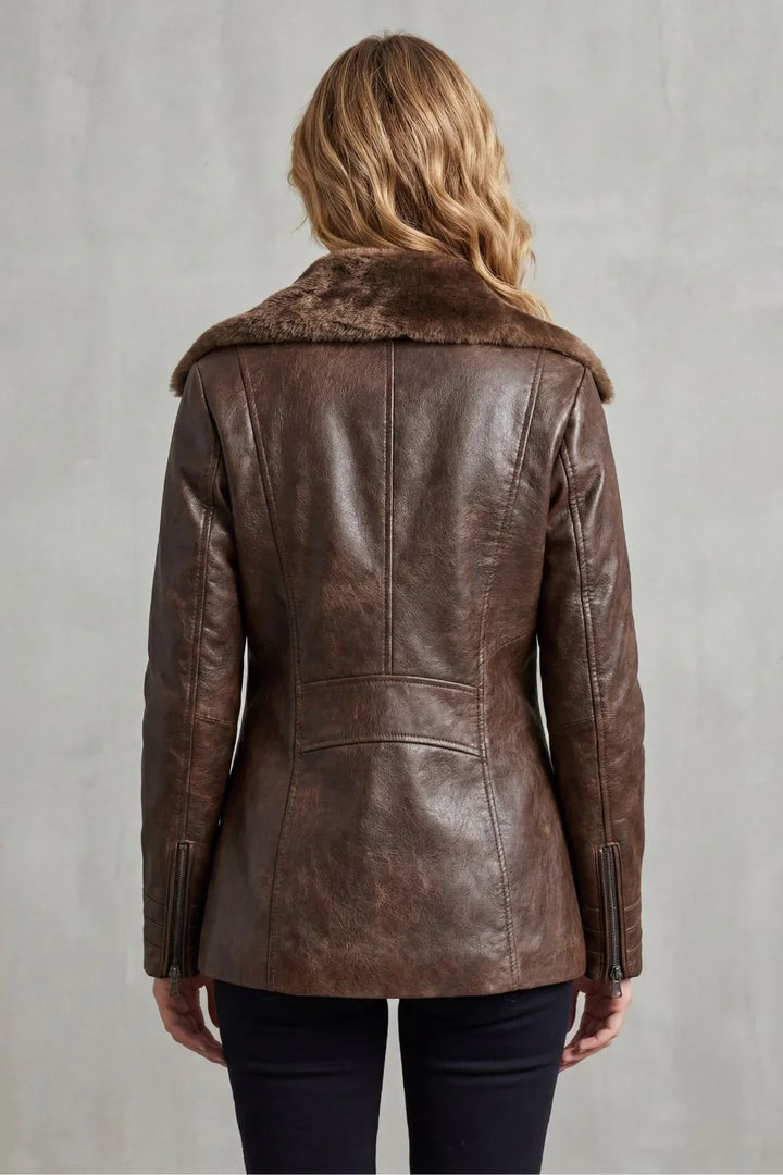 Back view of the brown shearling collar leather jacket