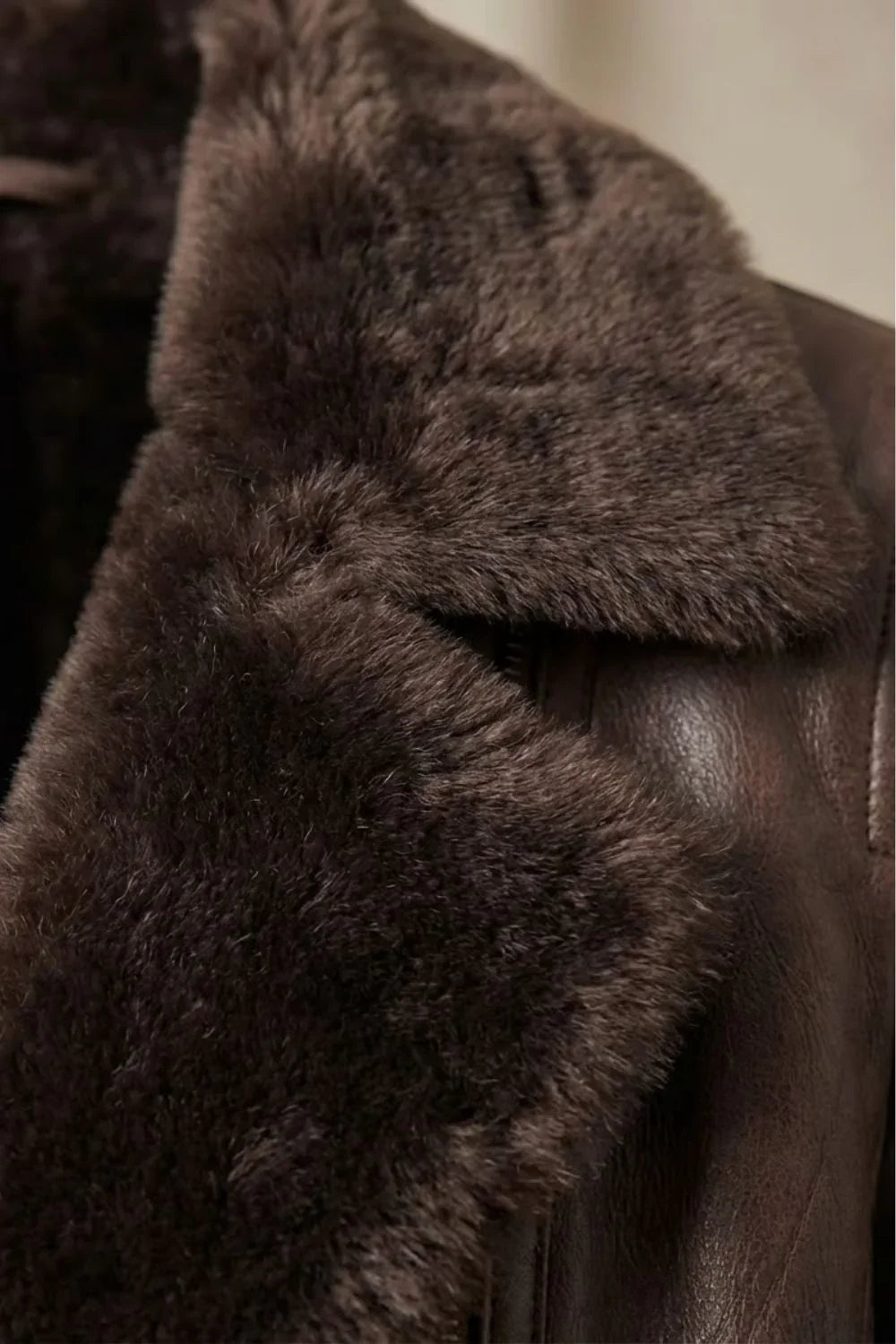 Close up of the shearling lining folded back at the collar