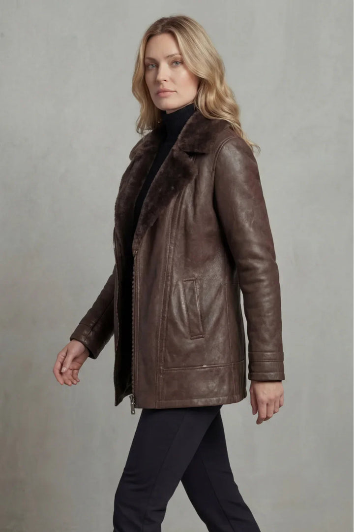 Side view of the brown shearling collar leather jacket