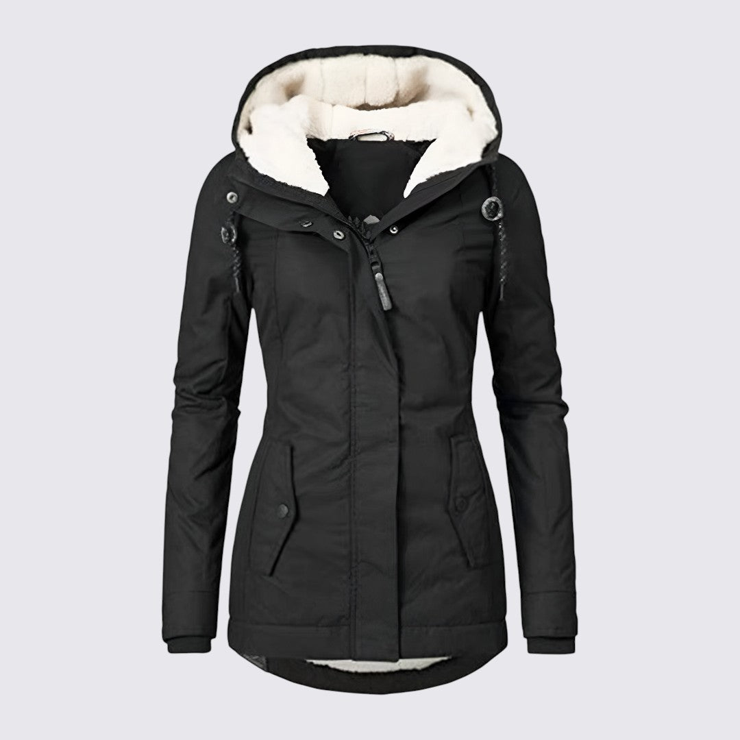 Black fitted parka with cream sherpa lined hood and snap front, flat front view