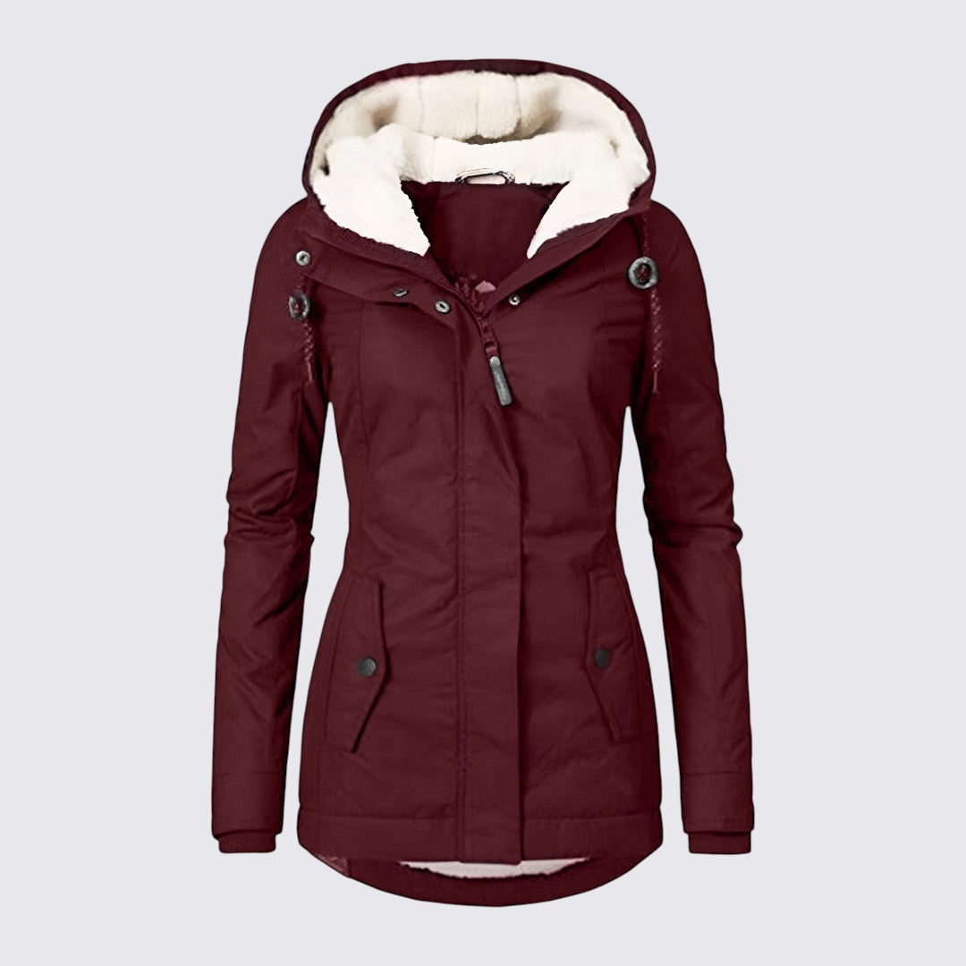 Burgundy hooded parka with cream fleece lining and snap front pockets