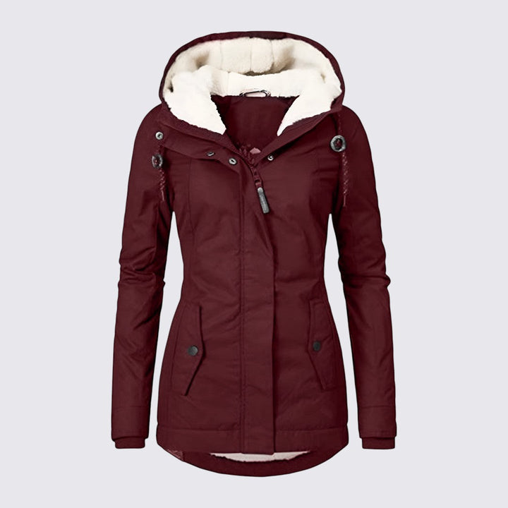 Burgundy hooded parka with cream fleece lining and snap front pockets