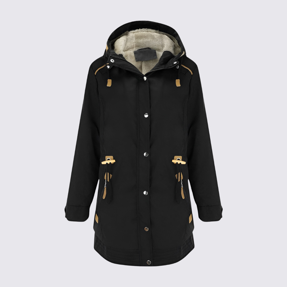 Black hooded parka with cream fleece lined hood, snap front and tan tabs, front view