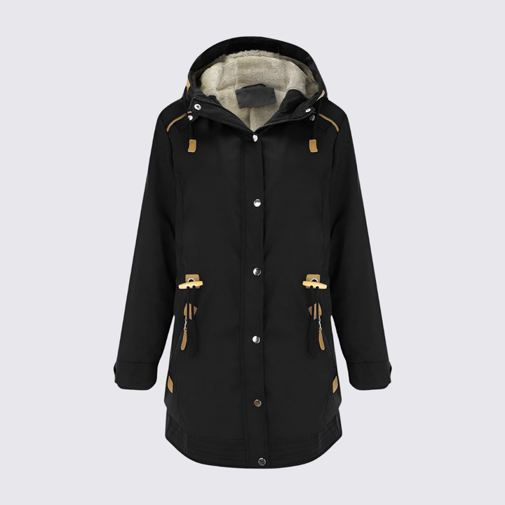 Black hooded parka with cream fleece lined hood, snap front and tan tabs, front view