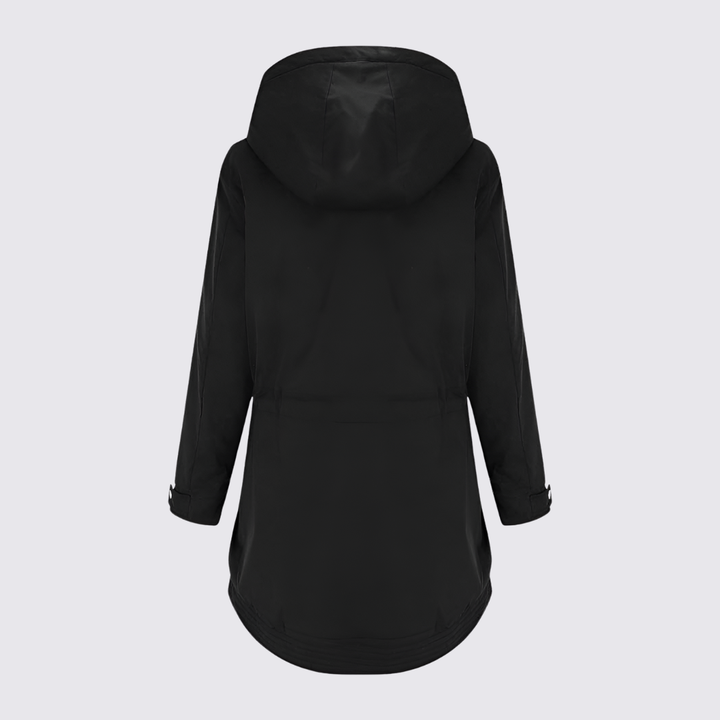 Back view of a black hooded longline parka with drawstring waist on a plain background