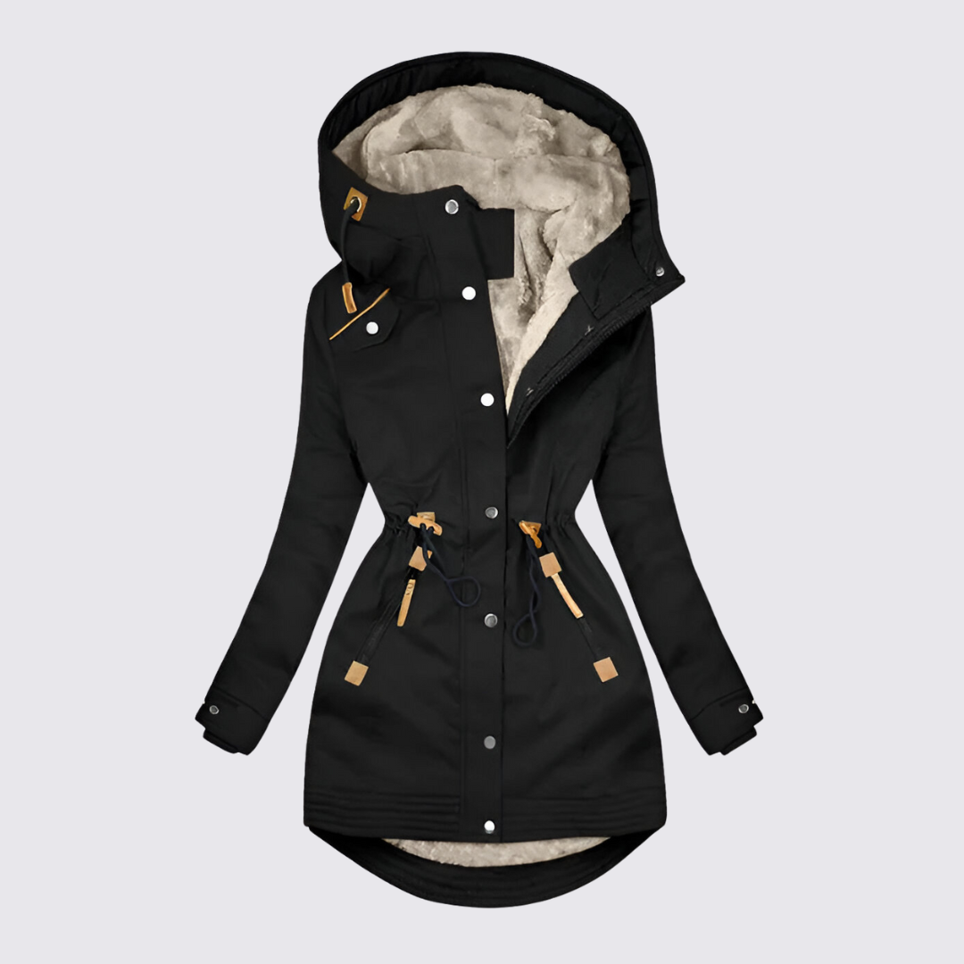 Black hooded parka with cream sherpa lining and drawstring waist