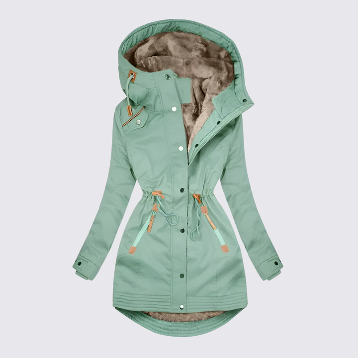 Sage green hooded parka with fleece lining and drawstring waist, flat front view