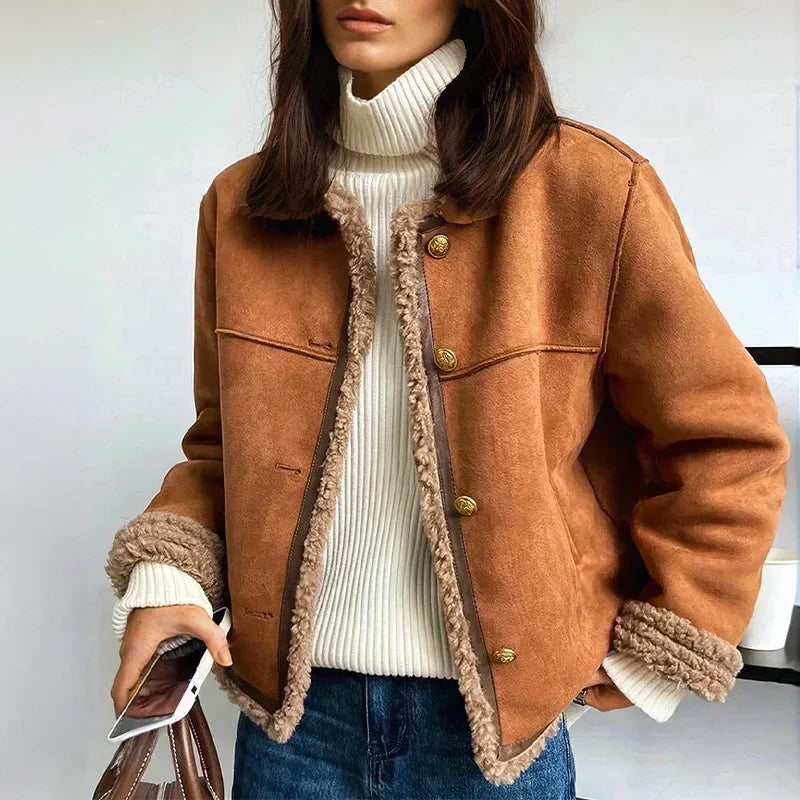 Sherpa Trim Cropped Jacket in Tan | Valenira