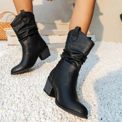 Black slouch western boots with a gathered shaft, side view