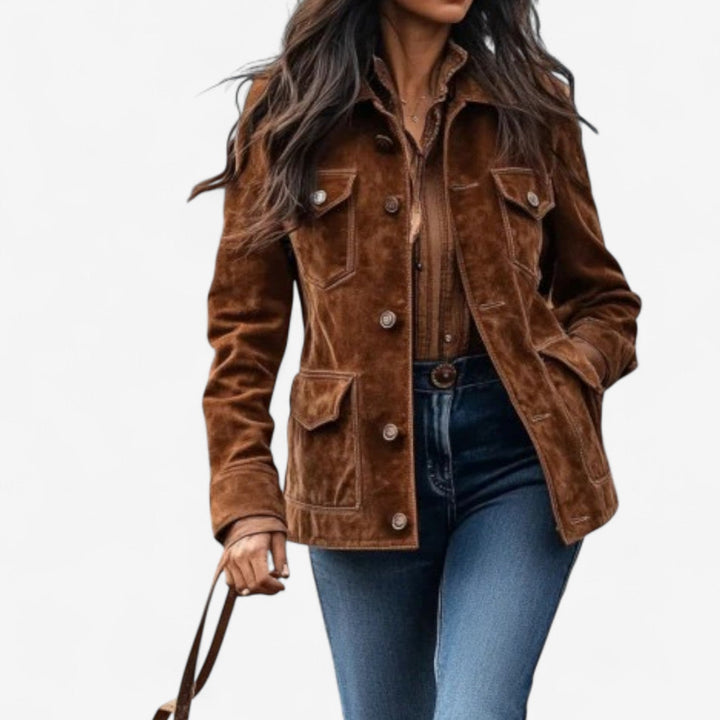 Brown suede look jacket with a shoulder yoke, three quarter view