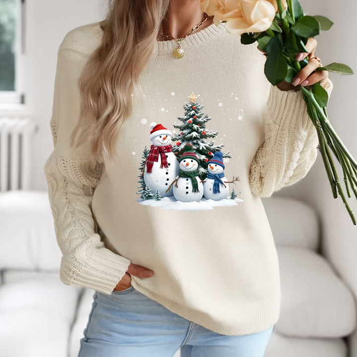 Snowman Print Cable Knit Sweater