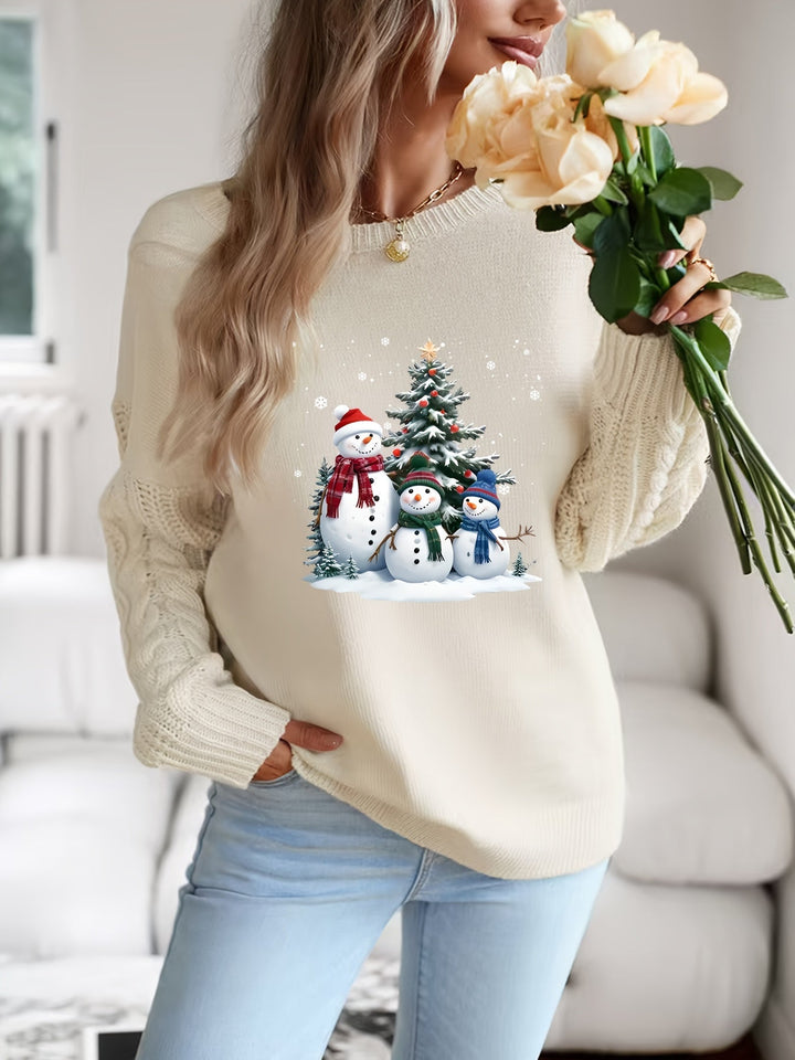 Snowman Print Cable Knit Sweater