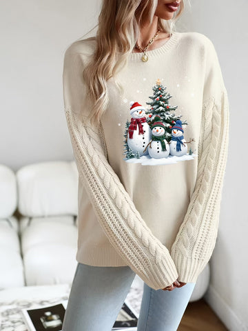 Snowman Print Cable Knit Sweater
