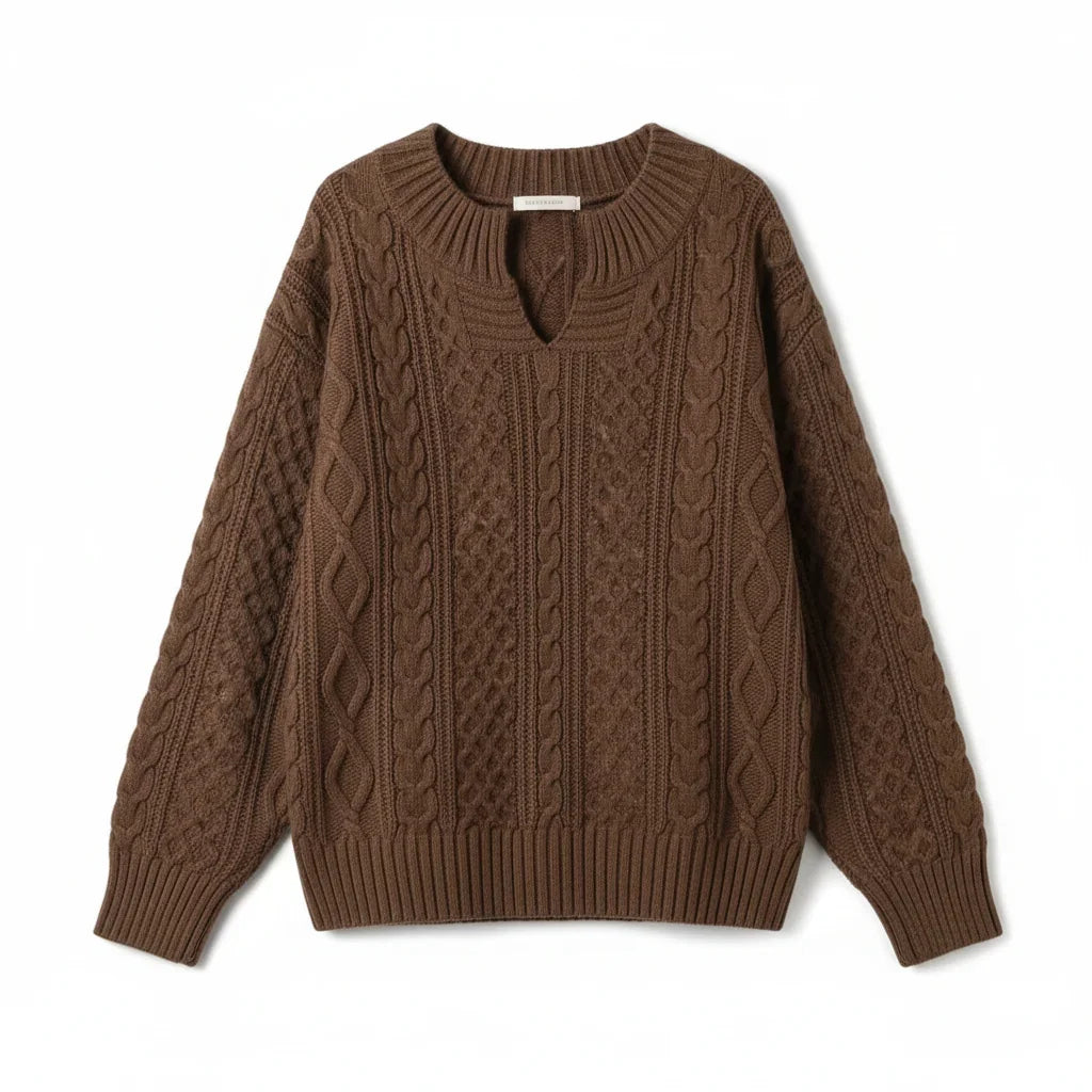 Split Neck Cable Sweater in Brown | Valenira
