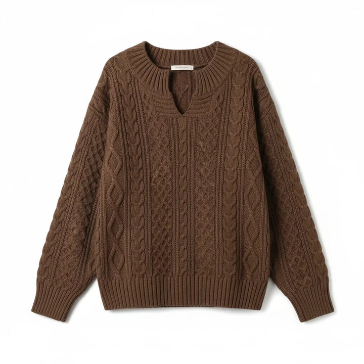 Split Neck Cable Sweater in Brown | Valenira