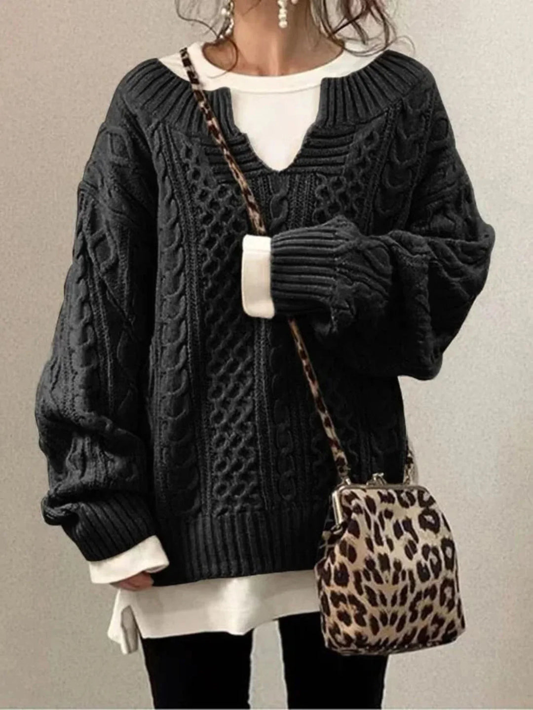 Split Neck Cable Sweater | Valenira