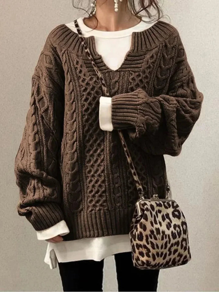 Split Neck Cable Sweater in Black | Valenira