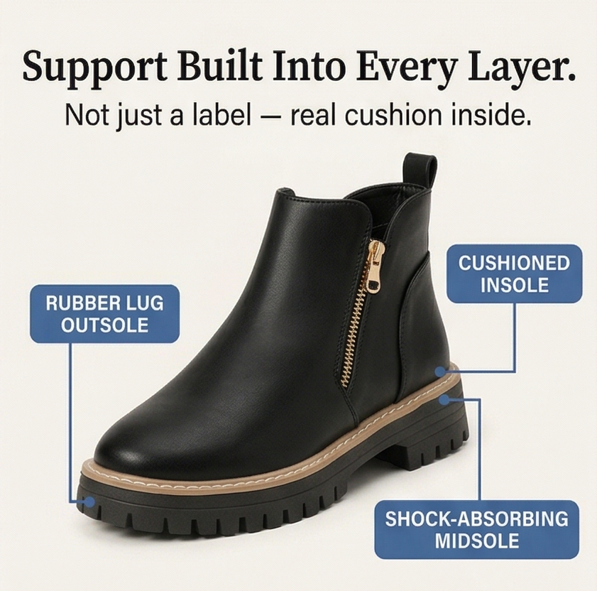 Black ankle boot with a gold side zip and lug sole, labelled for cushioned insole and midsole
