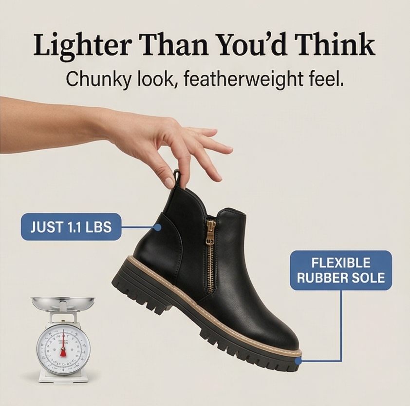 Infographic showing the black platform ankle boot weighing 1.1 lbs with a flexible rubber sole