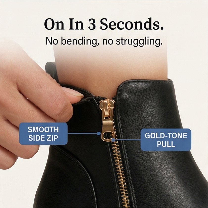 Detail graphic showing the gold side zip on a black ankle boot