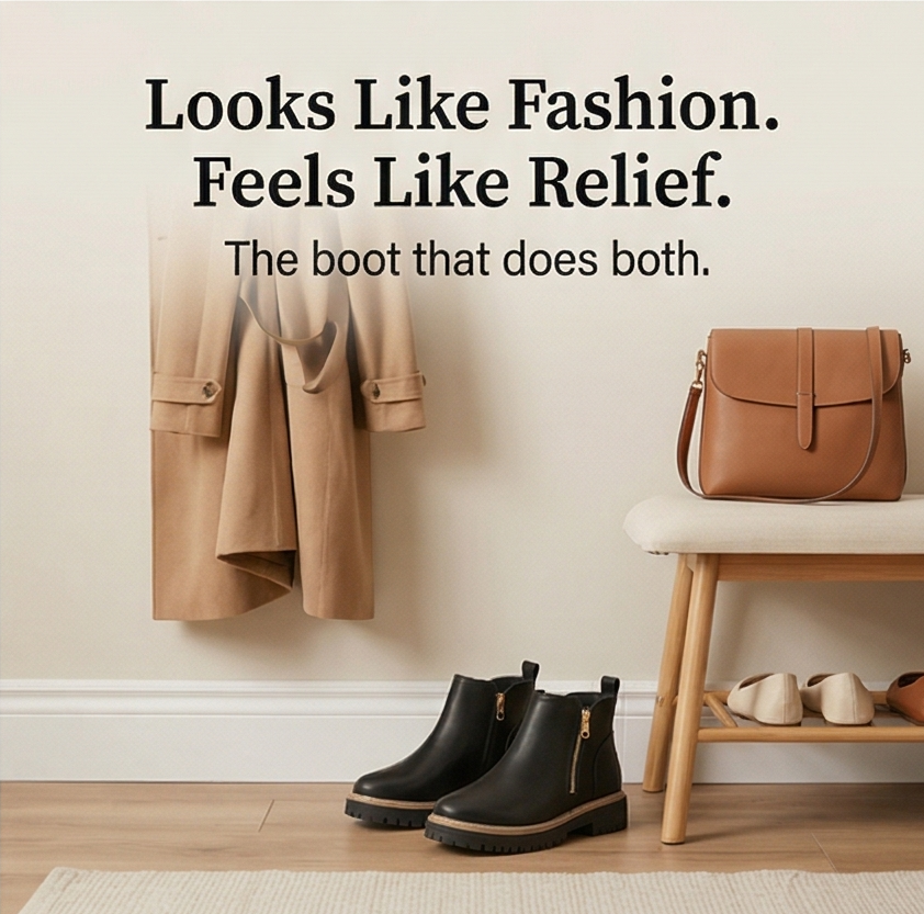 Black ankle boots in a hallway with a camel coat and tan bag, with the caption Looks Like Fashion Feels Like Relief
