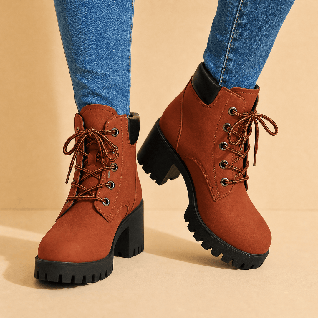 Rust brown lace up platform ankle boots worn with blue jeans against a beige background