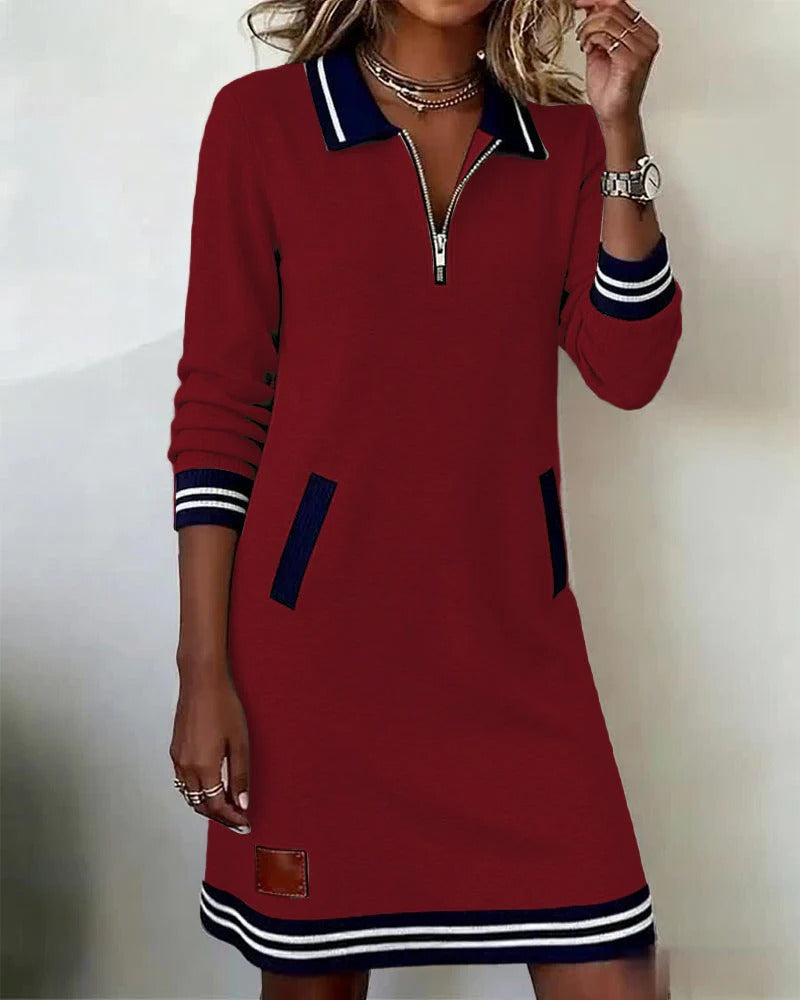 Striped Trim Polo Dress in Red | Valenira